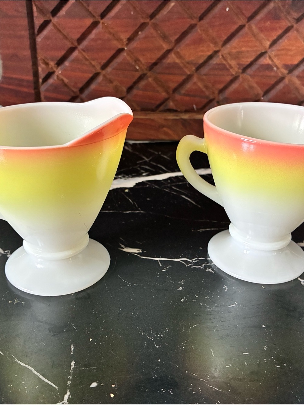 Vintage Hazel Atlas Ovide Cream & Sugar Set – Orange Fade Platonite Milk Glass